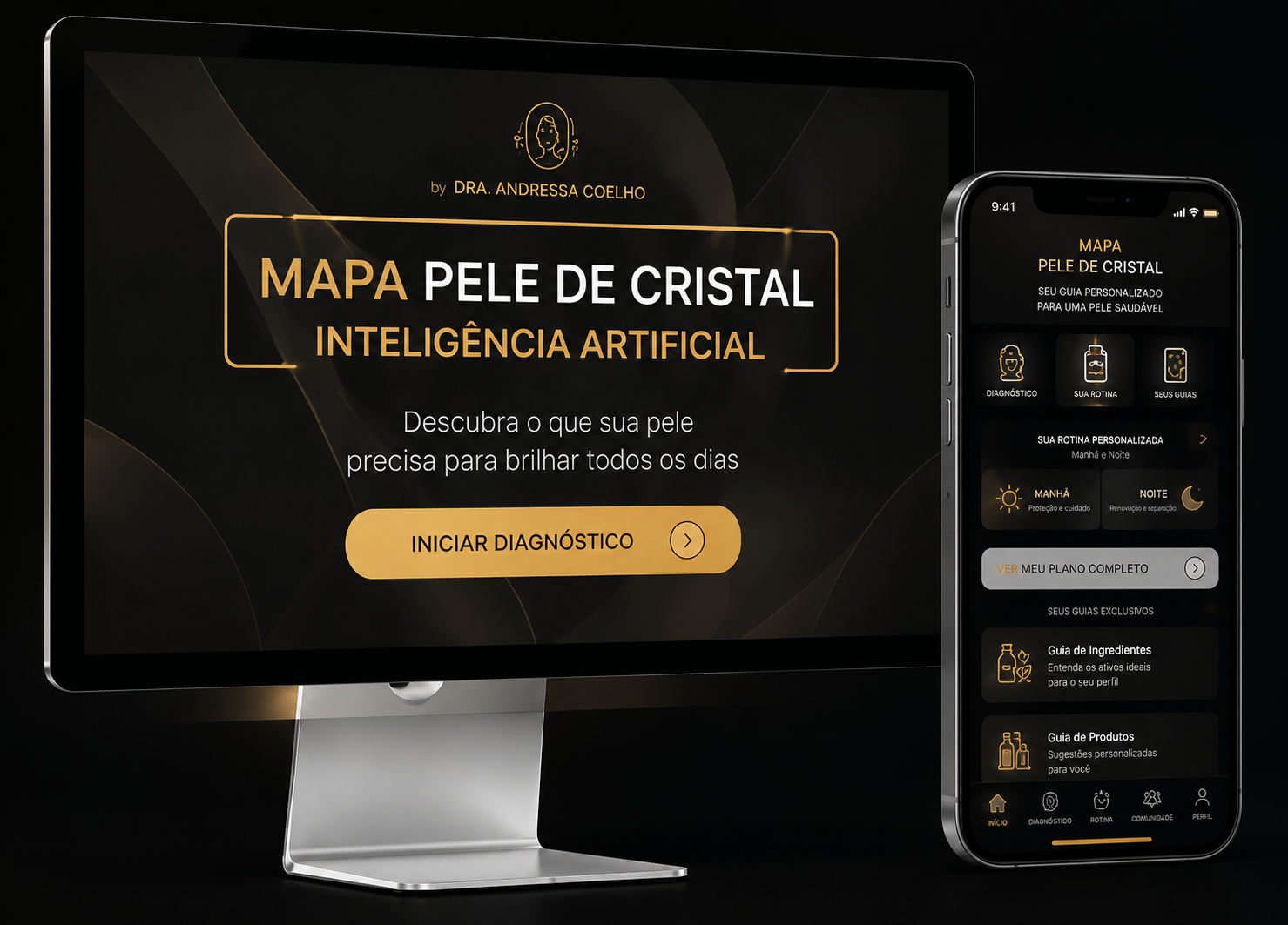 Mapa Pele de Cristal com inteligência artificial exibido em computador e celular